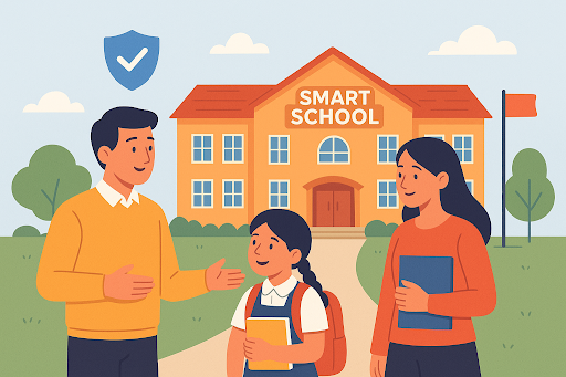 Balancing Quality with Affordability: Parent having a discussion with child and teacher outside school